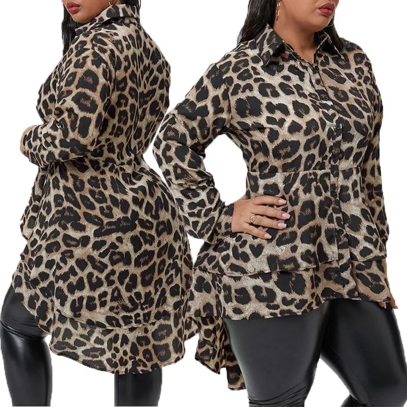 Women's Blouses & Shirts Women Casual Fashion Shirt Turn Down Collar Leopard Print Button Plus Maxi Size Buttons Ruffle Hem Summer 2021