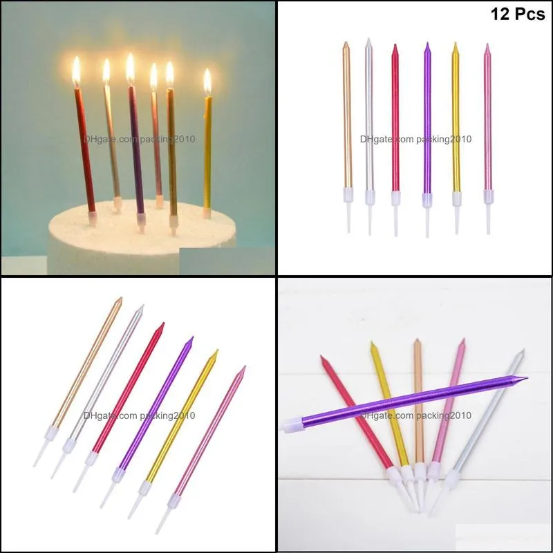 12PCS Metal Plated Pencil Candle Decorative Birthday Cake Topper Cake Candle for Party Ornament Assorted Color