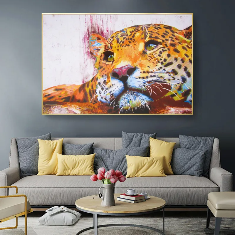 Leopard Bilder Kanfasmålning Färgglada Abstrakta djur affischer och utskrifter Väggkonst för vardagsrum Heminredning