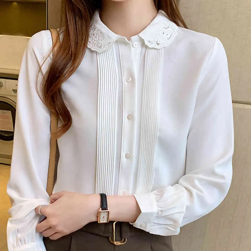 Blouse blanche à manches longues Collier de poupée Chemisier en mousseline de soie Chemise Tops Blouse Femmes Blusas Mujer de Moda Femmes Vêtements Blusa E122 210426