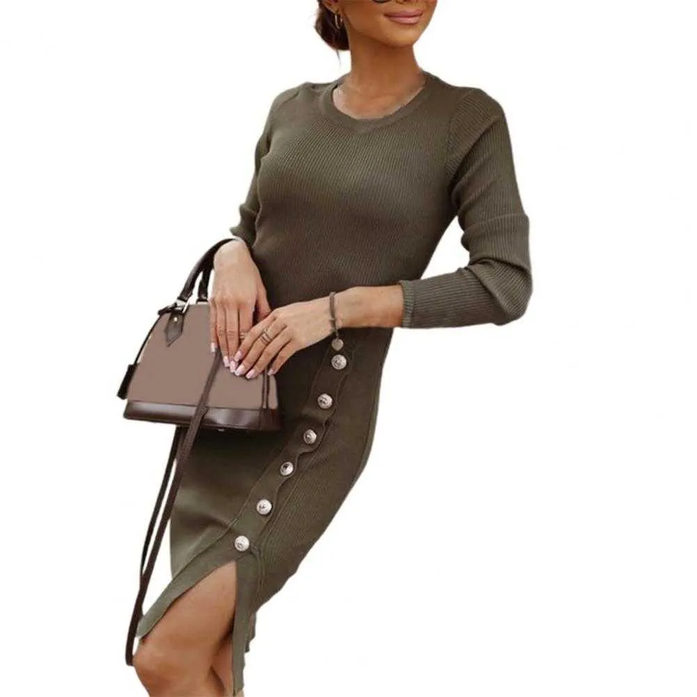 Elegant Office Ladies Knitted Dress Solid Color Side Split Autumn Round Neck Buttons Sexy Dress for Women Casual Slim Dresses Y1006