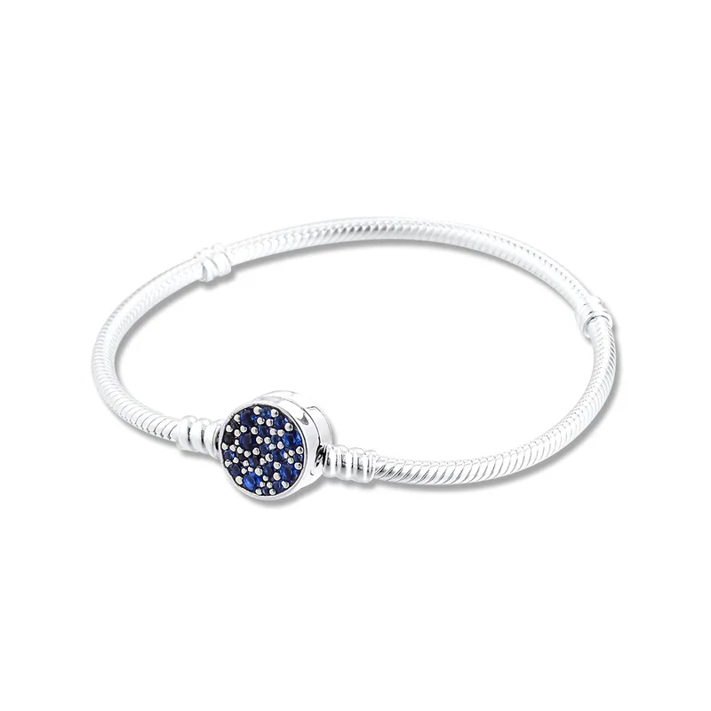 2021 Moments étincelant bleu disque fermoir serpent chaîne Bracelet s'adapte à l'original 925 argent breloques perles femme bijoux à bricoler soi-même faisant