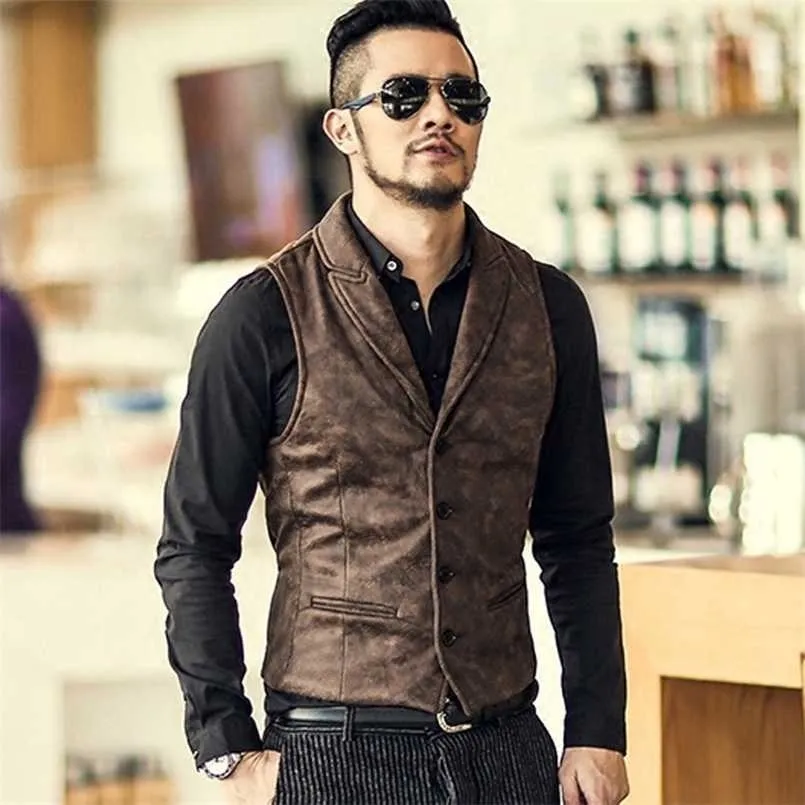 Suede Slim Fit Single Breasted Vest Mens Brand Fashion Gothic Steampunk Victorian Style Waistcoat Men Casual 211104