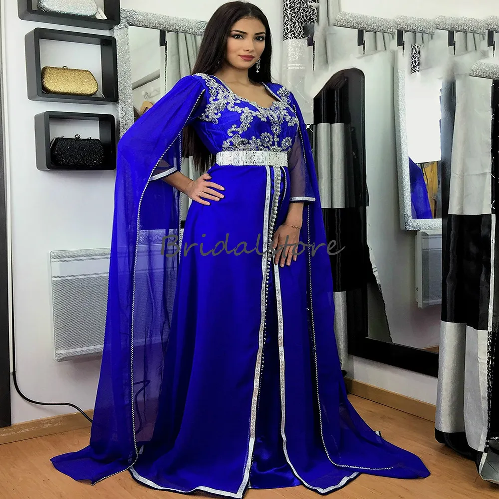 Luxury Royal Blue Moroccan Kaftan Evening Dress With Bead Elegant Dubai Arabic Muslim Formal Party Gown 2021 Sepcial Occasion Reception Robe Soirée De Mariee