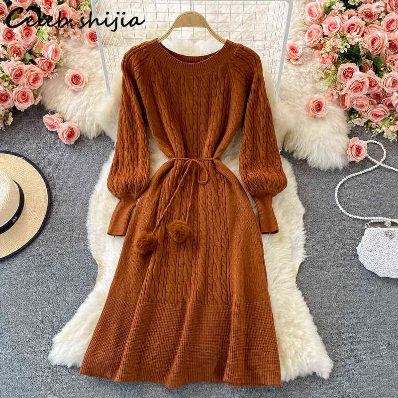 Jesień latarnia rękawa dzianiny suknia kobieta o-neck lace-up sweter sukienka vestido kobieta zima morel elegancki długie dzianiny odzież Y1204