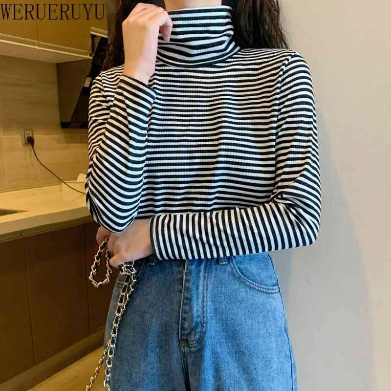 Werueruyu Fashion Black White Striped Women T-shirt a maniche lunghe T-shirt femminile T-shirt estate elegante sciolto casual 210608