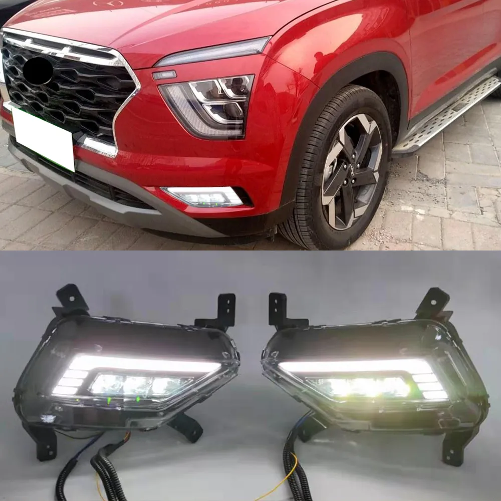 2Pcs Car DRL For Hyundai Creta IX25 2020 2021 LED Daytime Running Light fog lamp with yellow Turn signal