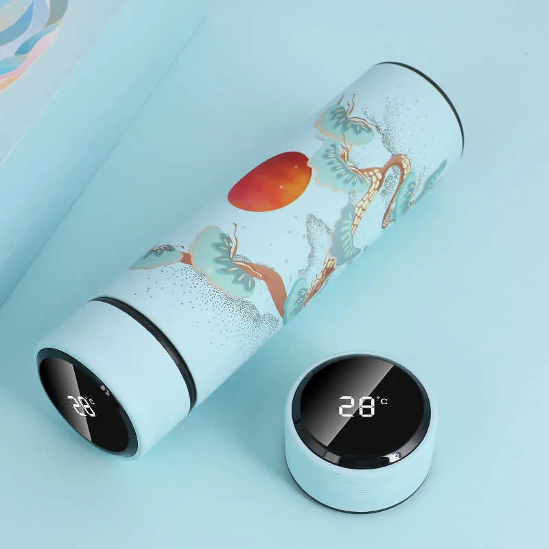 500ml Smart Thermos Temperature Display Smart Water Bottle Stainless Steel Chinese Pattern Style Travel Coffee Thermos