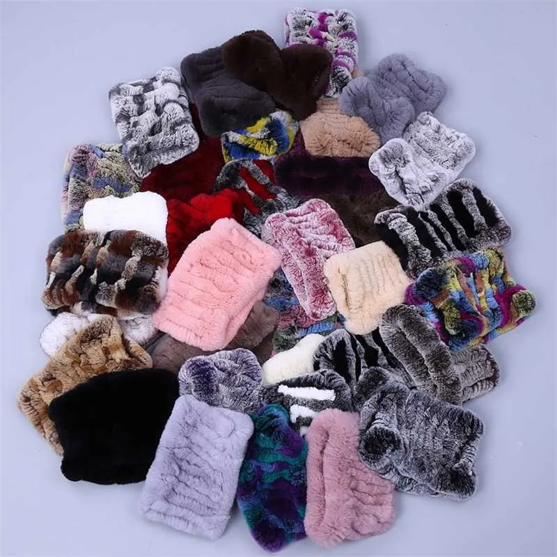 Frauen Echte Handgemachte Stretch Schal Stricken Echte Rex Kaninchen Stirnbänder Mädchen Natürliche Pelz Ring Cowl Snood Schals Winter Y200103