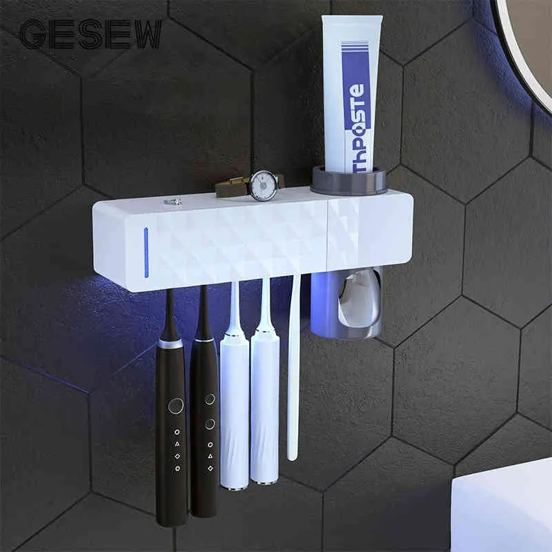 GESEW 3 in 1 UV Portaspazzolino Sterilizzatore Automatico Dentifricio Spremi Dispenser per WC Casa Accessori per il bagno Set 210322