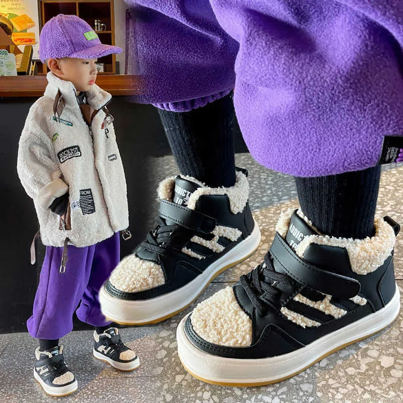 Mode Barnskor Vinter Ny Äkta Läder Barnflicka Skor Ullpojkar Sneakers Plush Warm Kids Sportskor Storlek 22-31 G1025