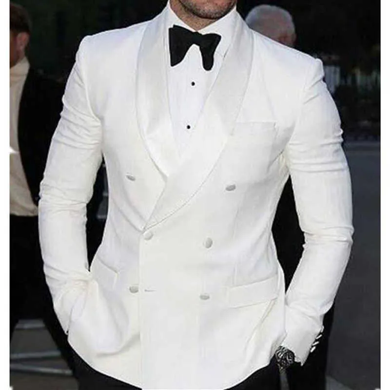 Biały Podwójny Breasted Groom Tuxedo na ślub 2 Sztuka Slim Fit Formalne Męskie Garnitury Zestaw Kurtka Z Czarnymi Spodnie Mężczyzna Moda Ubrania X0909