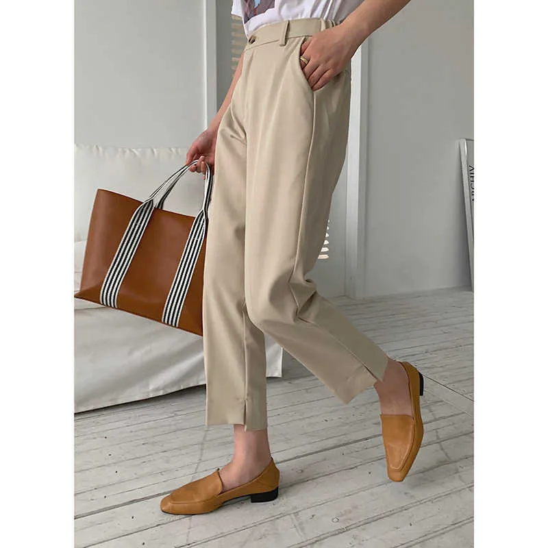 Split taille haute été lâche silm pantalon droit pour femmes élégant bureau dame pantalon tout-match bas décontracté femme 210525