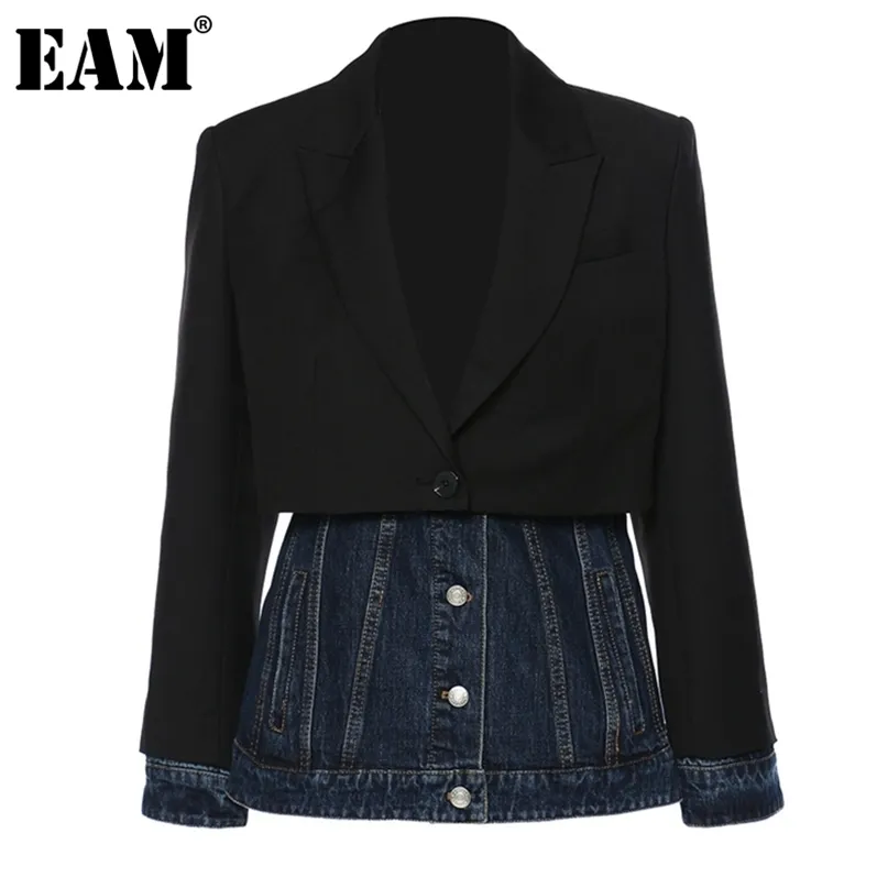 [EAM] Women Black Denim Spliced Long Blazer Lapel Sleeve Loose Fit Jacket Fashion Spring Autumn 1DE1679 211122