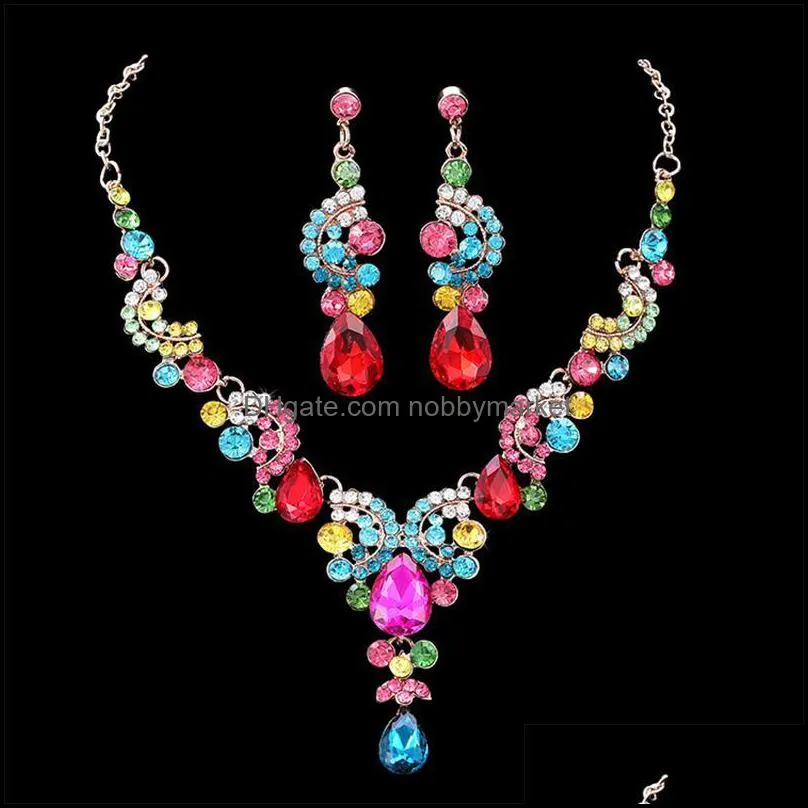 Örhängen Halsband Smycken Ställer in Brudfärg och 2-bitars uppsättning Blå Champagne Kvinnor Örhängen / Halsband Drop Leverans 2021 Bspye