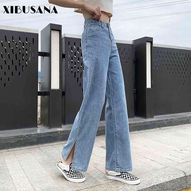 Verano Mujeres Alta Cintura Split Denim Pantalones Recto Ancho Pierna Longitud Larga Jeans Lady Color Sólido Suelto Femenino 210423