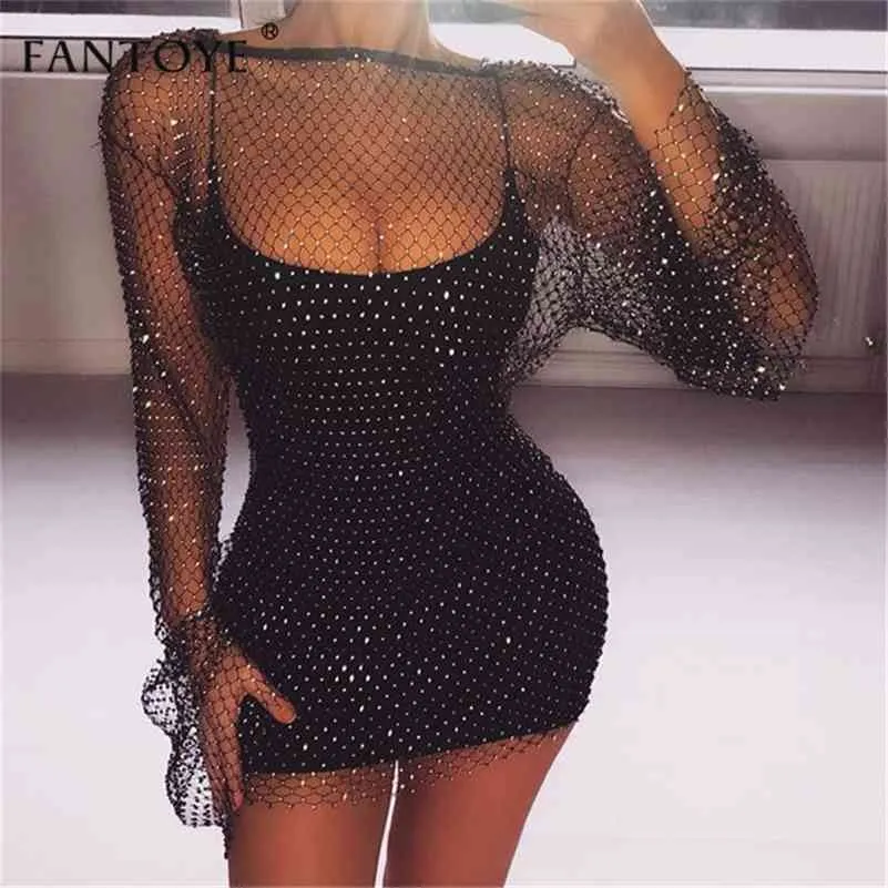 Fantoye الكريستال الماس مثير bodycon المرأة الجوف خارج البسيطة الصيف شبكة صيد السمك شبكة شاطئ اللباس حزب vestidos Q190516