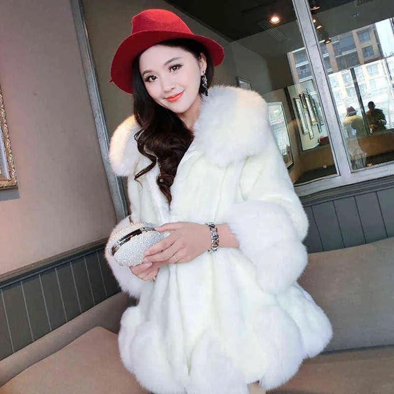 Haute Imitation Lapin Manteau De Fourrure Femmes Jupe Style Veste Avec Col De Fourrure De Renard Rose Manteaux De Fourrure Moyen Long Pardessus Manteaux D'hiver 211213