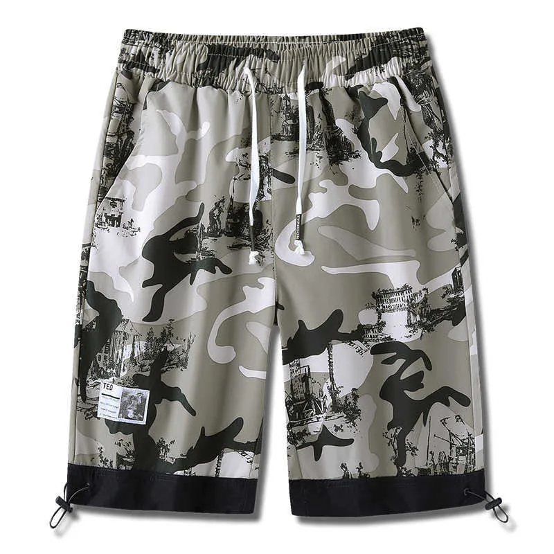Casual Beach Shorts Homens Verão Poliéster Homens Roupas Bermudas Camufalge Drawstring Streetwear Shorts Homme Oversize M-4XL 210601