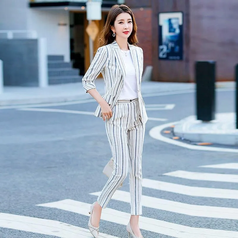 Pantaloni a due pezzi da donna Autunn Fashion Corea Abito da donna Mezza manica Giacca a righe slim Top e abbigliamento Donna Set LS098