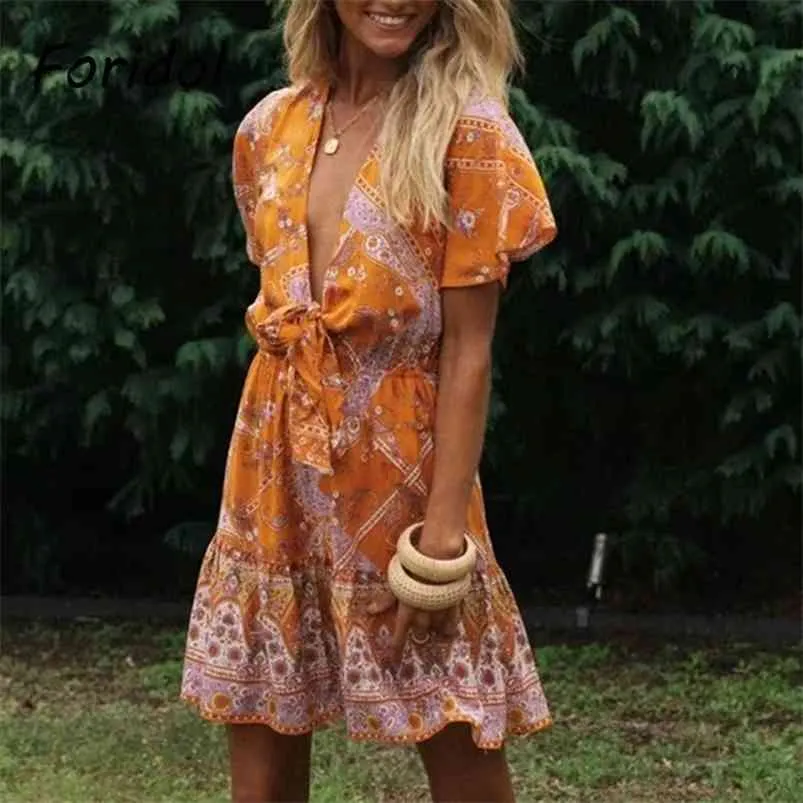 Paisley Print Orange Summer Dress Women V Neck Bowknot Floral Boho Batwing Sleeve Beach Short 210427