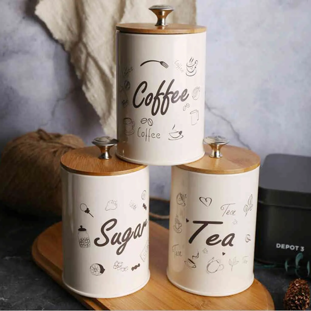 3pcs/set Kitchen Storage Jars ,Sugar/Coffee/Tea Canisters , Metal Iron 1L