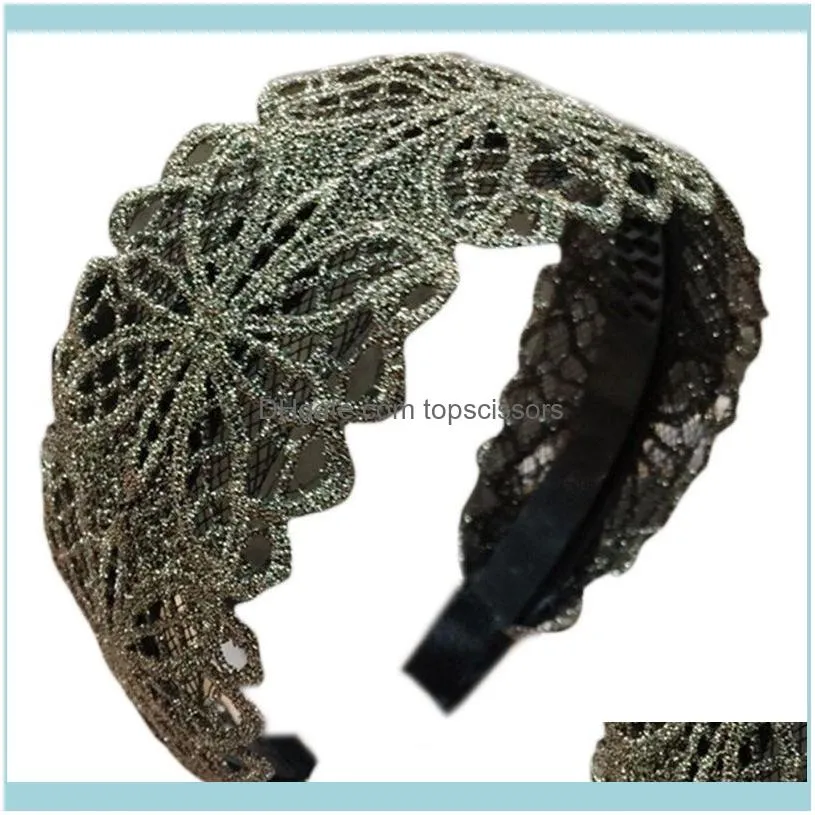 Women Hollow Out Floral Lace Anti-Skid Headband Shimmer Metallic Wide Hair Hoop 20211