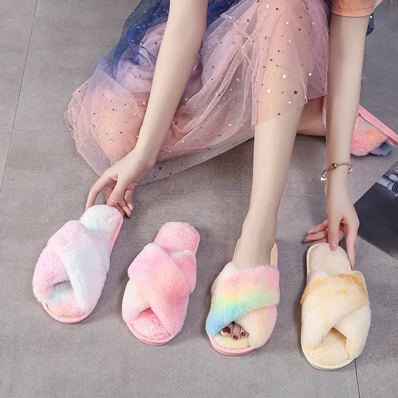 Rainbow furry hot sale slippers