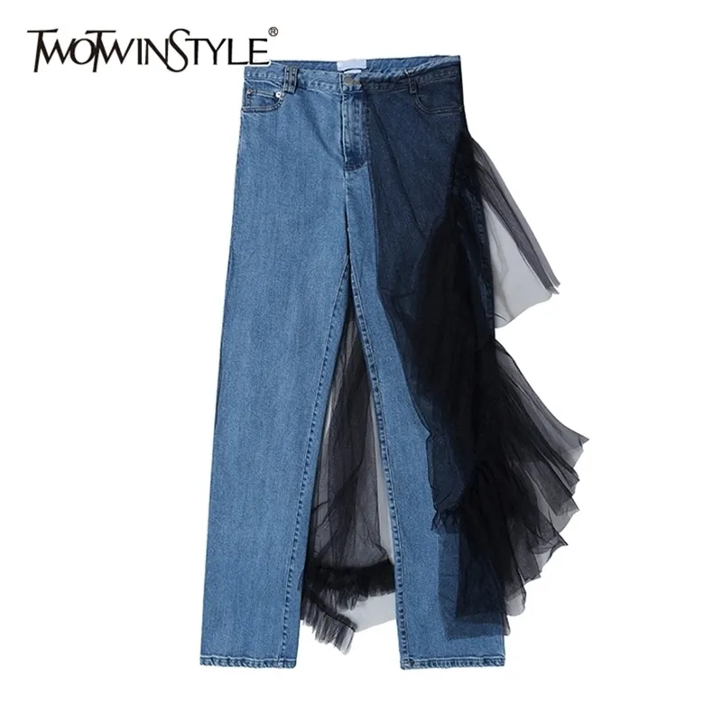 TWOTWINSTYL Casual Patchwork Mesh Full Pant Women High Waist Hit Color Asymmetrical Ruched Jean Female Fashion Clothing 210521