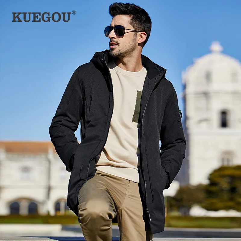 KUEGOU Cappotto invernale da uomo slim fashion vestiti caldi giacca imbottita Cappotto di media lunghezza nero XW-21606 210524