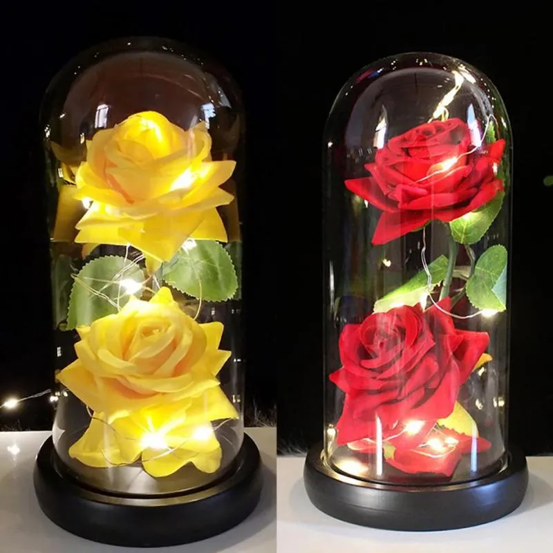 Decorative Flowers & Wreaths Rose Gift Light Eye-catching Glass Two Artificial Roses Flower With Dome