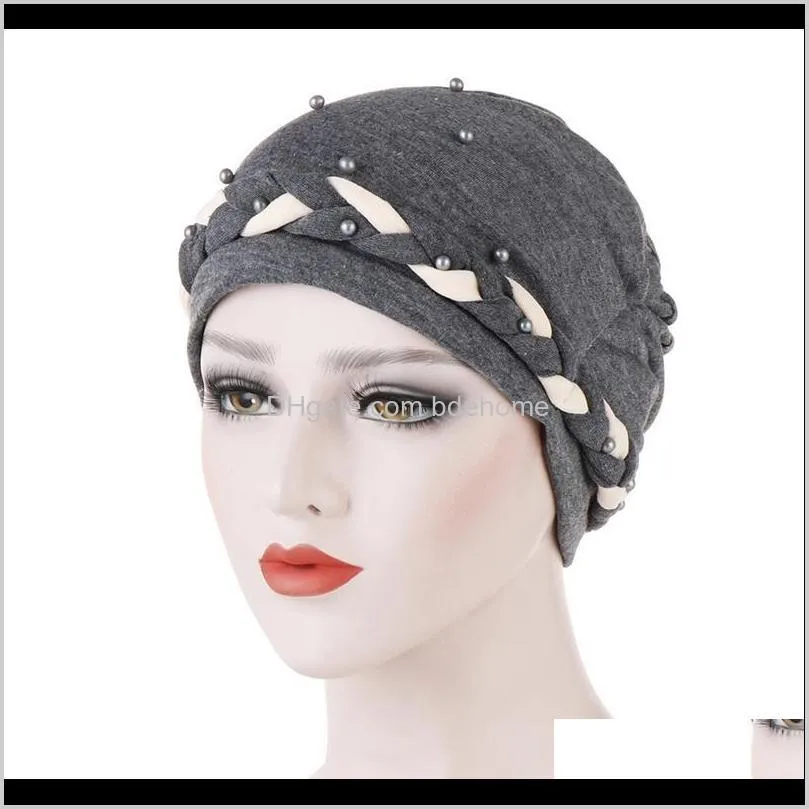 new casual turbans for women pearls decor femme musulman headscarf turban cap single braid caps for female1
