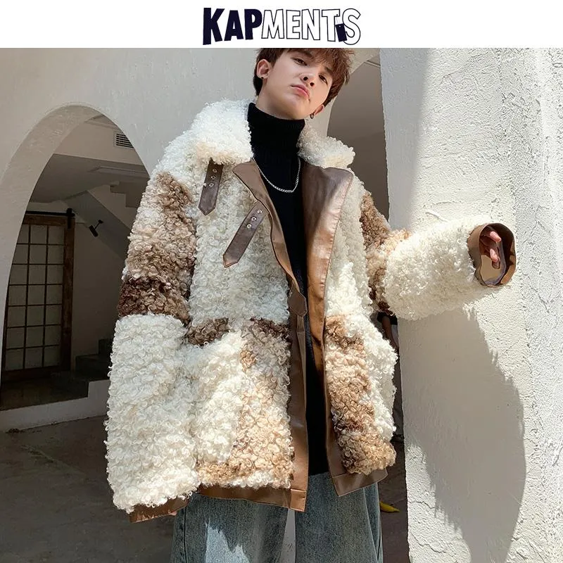 Men's Jackets KAPMENTS Streetwear Men Lambswool Patchwork Winter 2021 Mens Pockets Hip Hop Harajuku Jacket Coat Male Vintage Overcoat