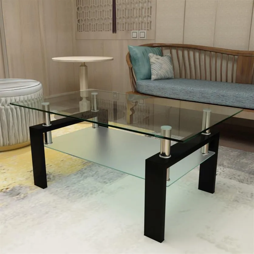 US Stock Living Room Furniture Rectangle Black Glass Coffee Table, Clear Modern Side Center Tables a56