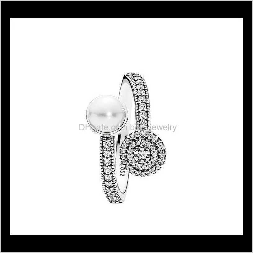 new natural pearls open ring set original box for pandora 925 sterling silver cz diamond elegant women wedding rings