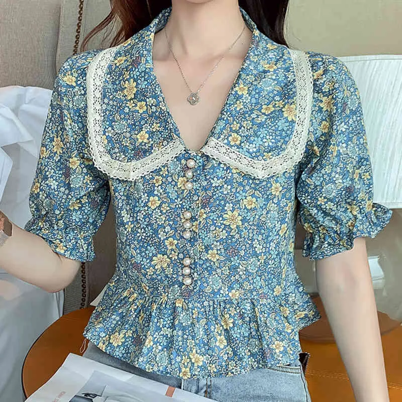 Fransk stil spets patchwork blommig tryck toppar kvinnor sommar casual chic peter pan krage blouses kvinnliga mode toppar 210515