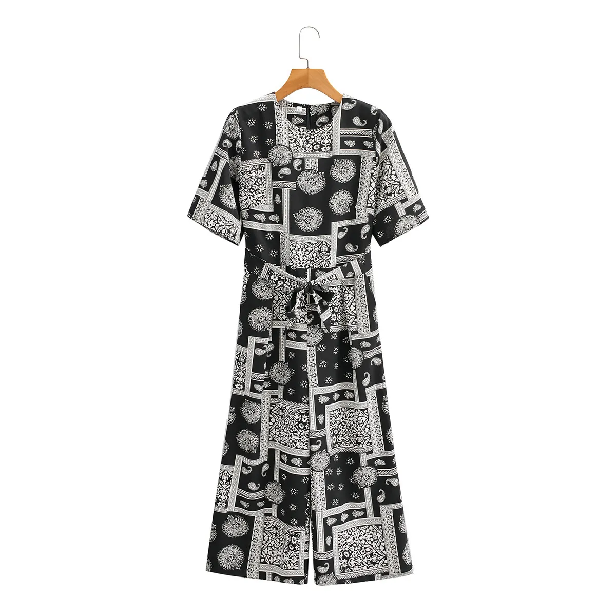 Women Fashion Round Neck Short Sleeve with Belt Rompers Vintage Black Print Loose Straight Chic Female Jumpsuit 210507