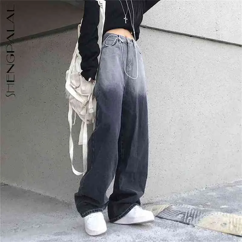 Droite jambe large Jeans femmes printemps coréen dégradé couleur rétro papa pantalon lâche taille haute Cowboy 210427