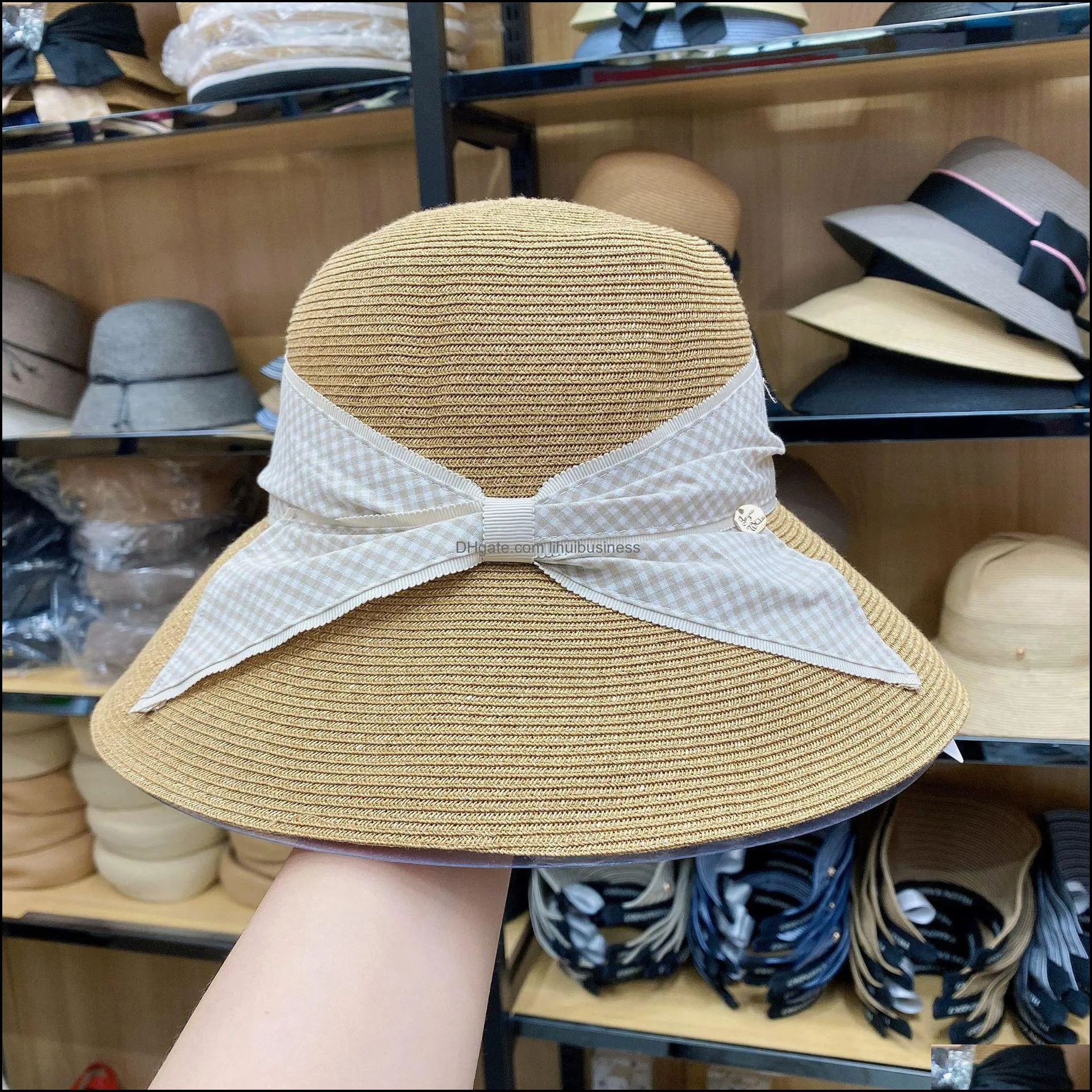 202103-xiaoli new summer plaid bowknot japan style big brim beach holiday paper straw lady sun cap women leisure hat Y0910