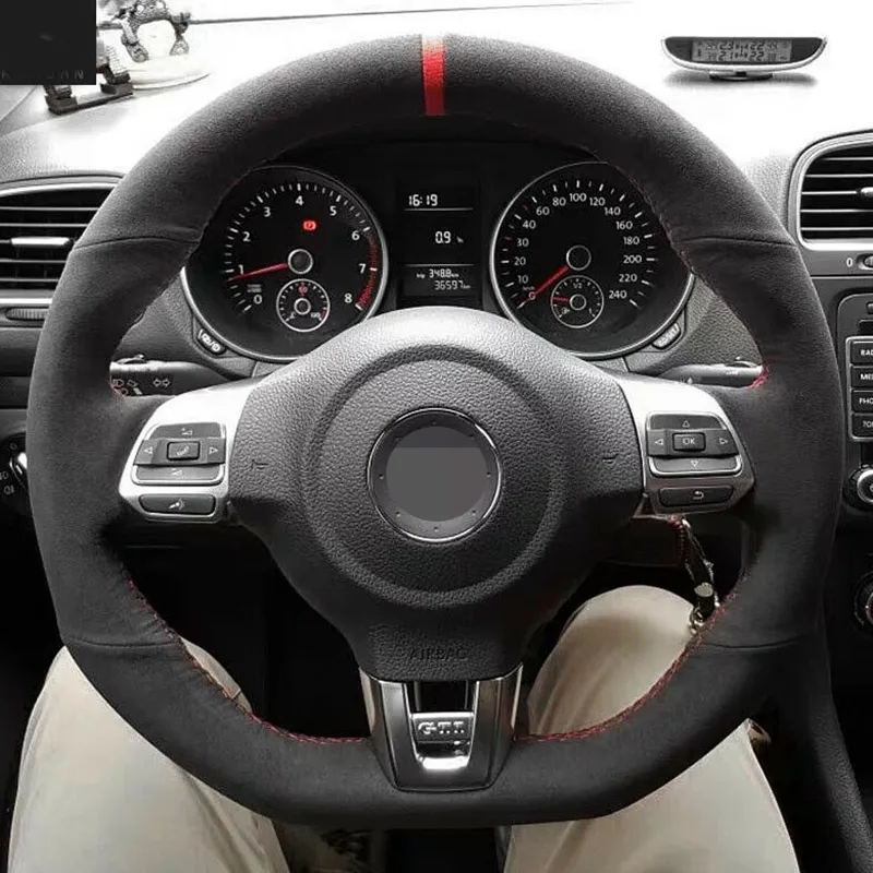 Housse de volant de voiture souple en cuir véritable suédé noir, bricolage, pour Volkswagen Golf 6 GTI MK6 / Polo GTI / Scirocco R
