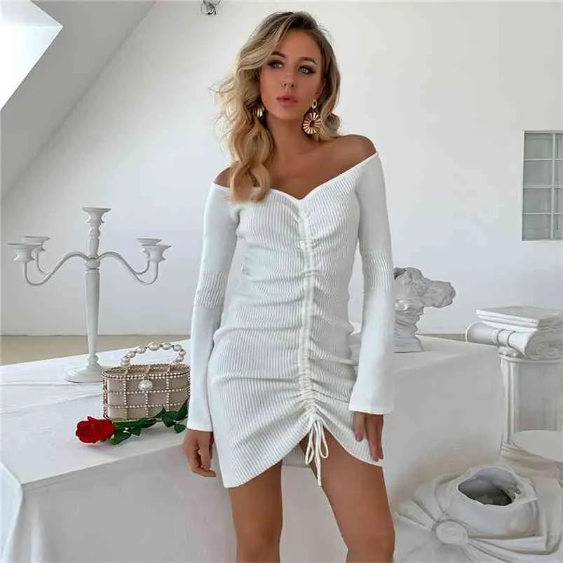 Femmes élégantes robe tricotée à manches longues hors épaule fête automne hiver bureau dame chic pull pull 210427