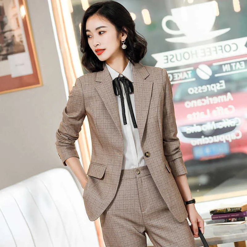 High-quality professional women's pants suit plus size temperament slim female jacket Two-piece check trousers 210527