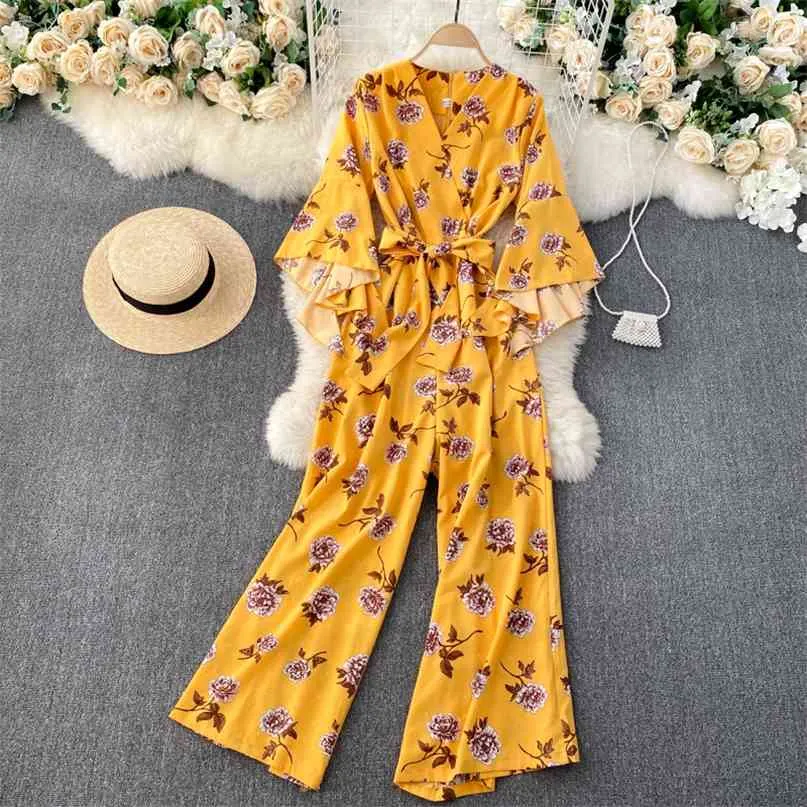 Women Fashion Holiday Printed Jumpsuit V Neck Long Flare Sleeve Irregular Slim Wide Leg Overalls Clothes R099 210527