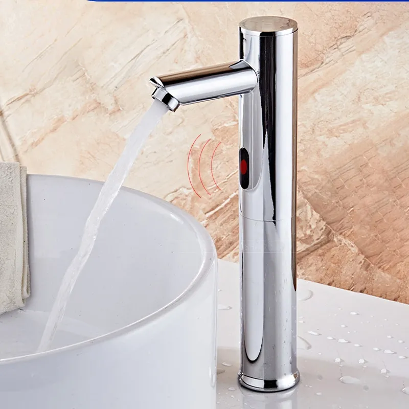 Kurzer hoher Stil Chrome Badezimmer Automatische Berührung freier Sensor Wasserhaare Wasserdeck montiert Basin Wasserhahn Hot Cold Mixer Tap