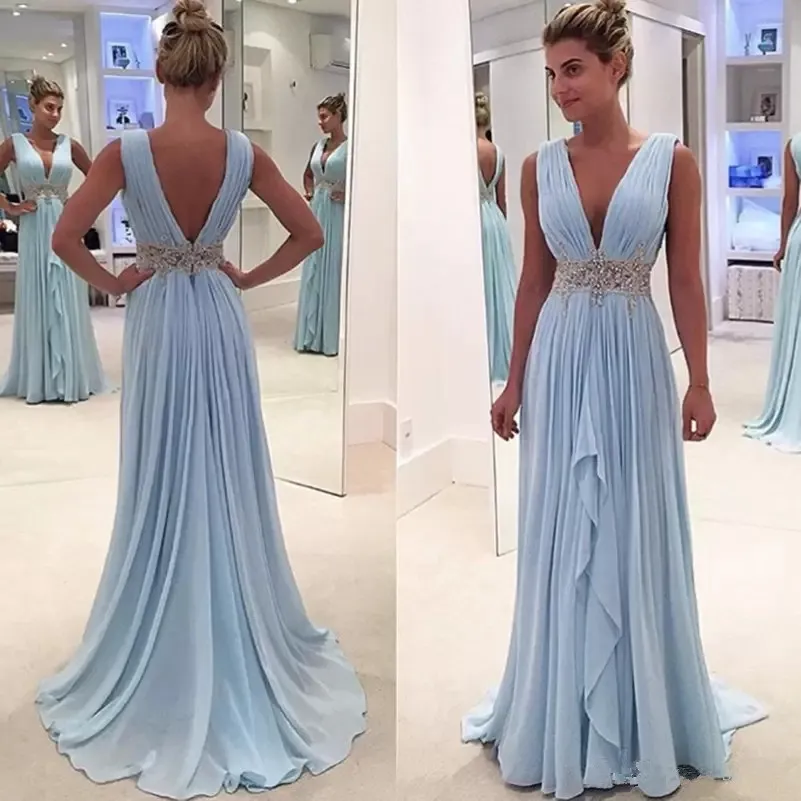 Lichte hemel blauwe zomer chiffon prom jurken plunging v nek geplooide kristal kralen avondjurken sexy backless prom dress