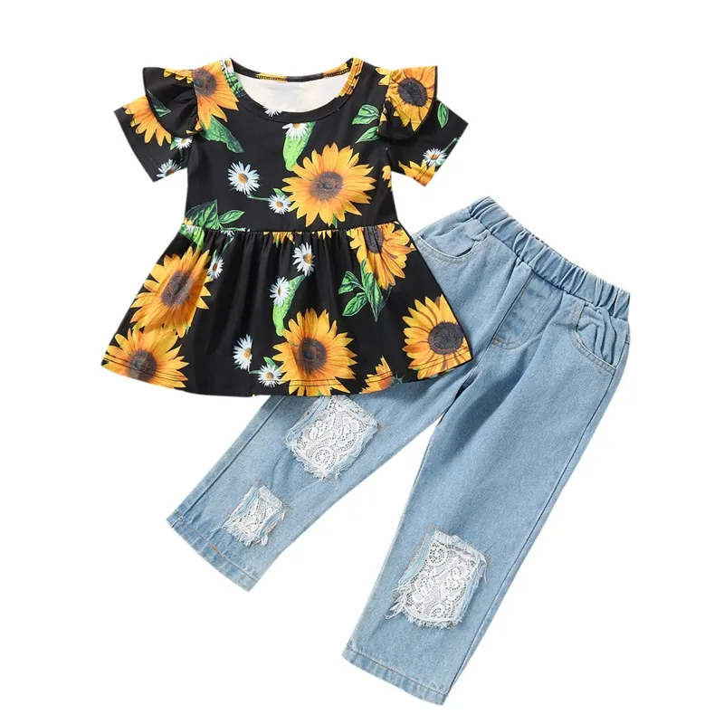 Barnkläder sätter flickor kläder babykläder barn passar barn sommar kortärmad blomma topp hål jeans byxor 2 st 3343 Q2