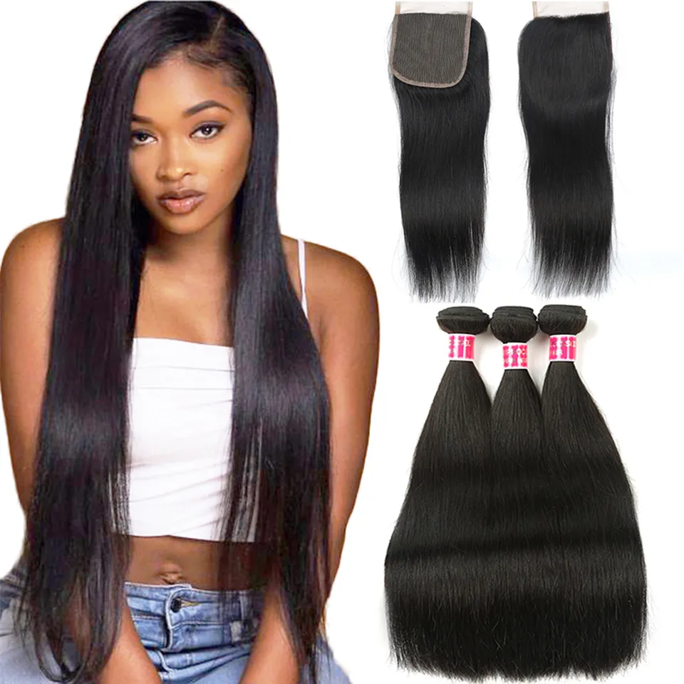 9A cabelo liso brasileiro com fecho de renda 4x4 3 pcs heterossexual cabelo humano tecer pacotes com fechamento