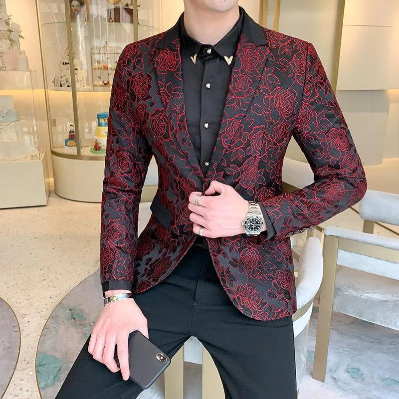 Męskie Garnitury Blazers Męskie Blazer Luxury Prom Mężczyźni Haftowane Wino Czerwony Długi Rękaw Płaszcz Homme Slim Fit Stage Kurtki