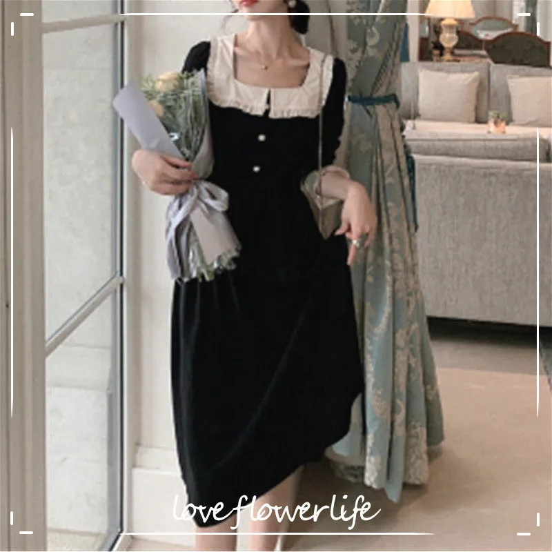 Robe vintage française Femmes Bouton Casual Robe de soirée élégante Col carré à manches longues Robe noire Vêtements coréens Printemps 210521