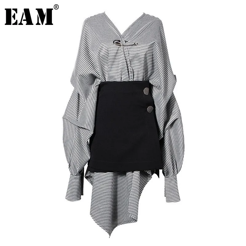 [Eam] Mulheres Preto Stitch Stitch Irregular Big Size Vestido Novo V-pescoço de Manga Longa Loose Fit Moda Maré Primavera Outono JG892 210325